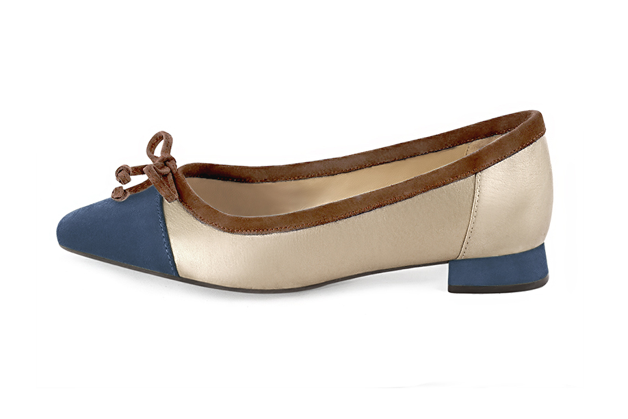 Denim blue, gold and chocolate brown women's ballet pumps, with low heels. Square toe. Flat flare heels. Profile view - Florence KOOIJMAN